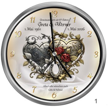 Preview: Schieferuhr zur Eisernen Hochzeit mit eisernen Herzen und Rosen – personalisiertes Geschenk